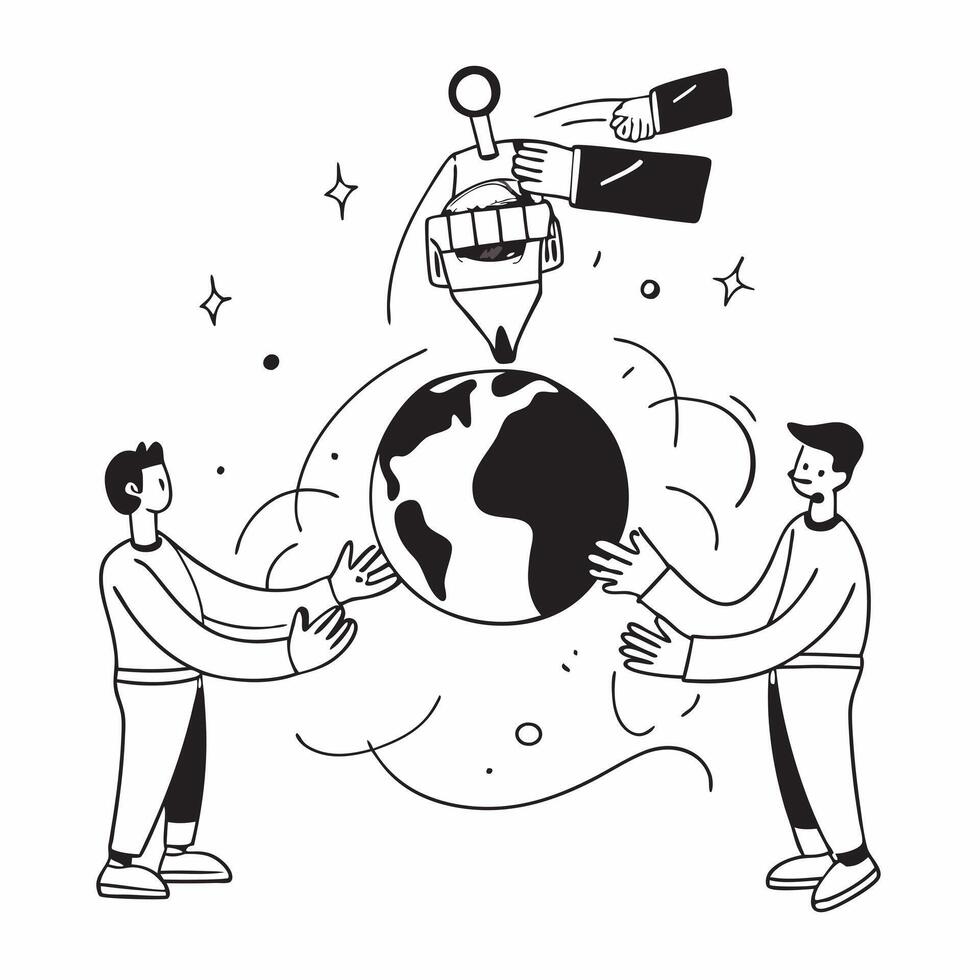 People with Watercolor Earth and Technology Integration concept as A group of people integrating technology with a watercolor earth model set against a whimsical background offerin Cleans Set 2 vector