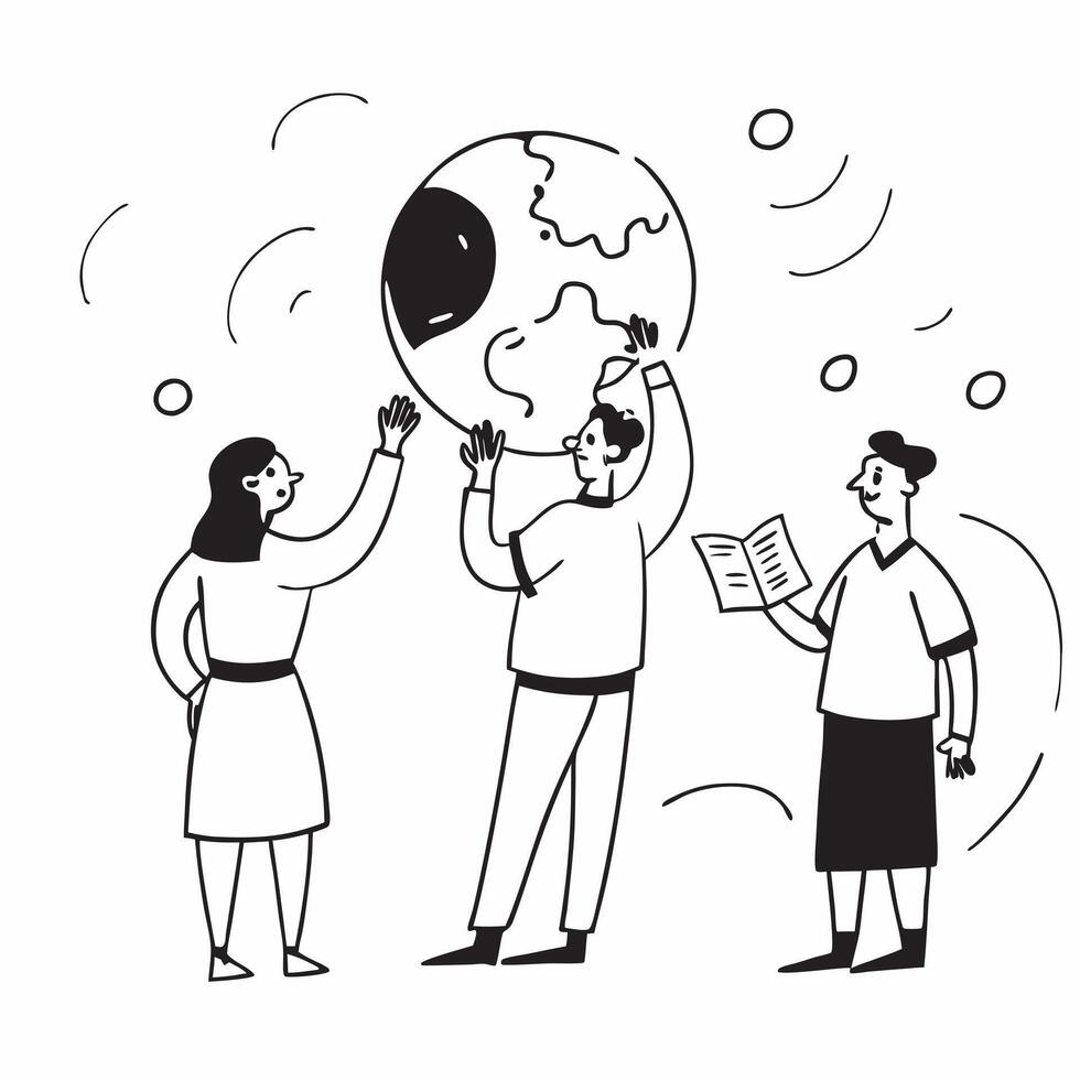 People with Watercolor Earth and Technology Integration concept as A group of people integrating technology with a watercolor earth model set against a whimsical background offerin Cleans vector