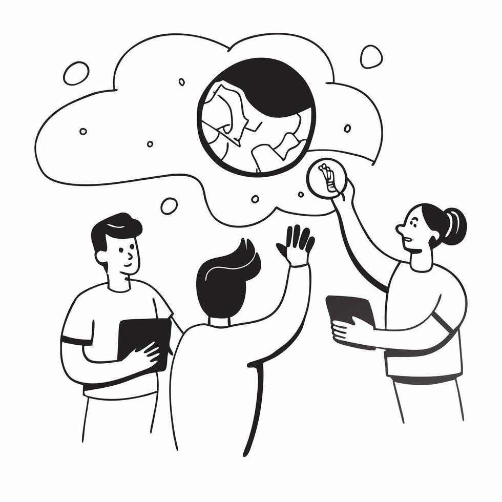 People with Watercolor Earth and Service Mind Projects concept as A group of people developing service mind projects with a watercolor earth model set against a dreamy background o Cleans vector