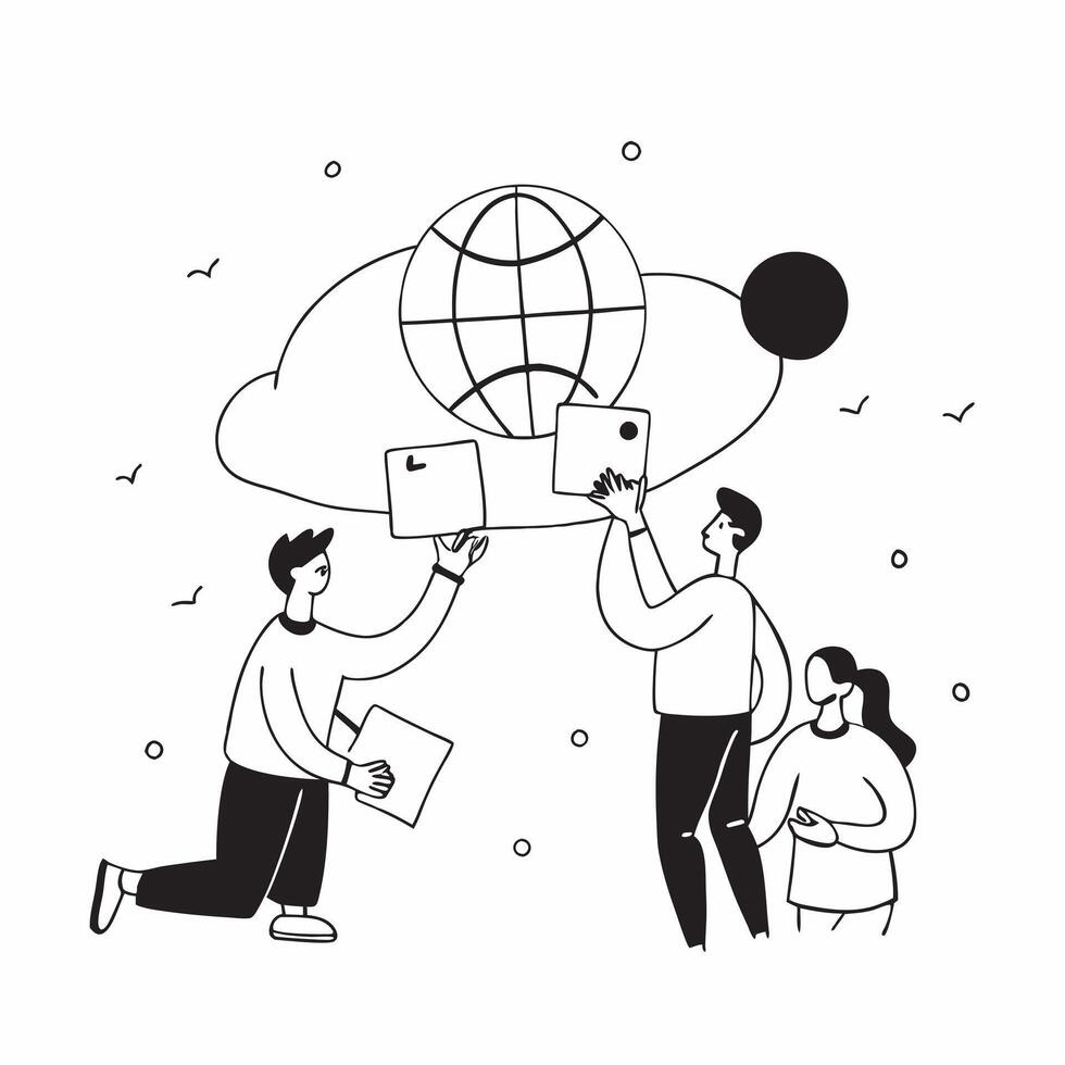 People with Watercolor Earth and Digital Service Solutions concept as A group of people discussing digital service solutions with a watercolor earth model set against a dreamy back Cleans Set 6 vector