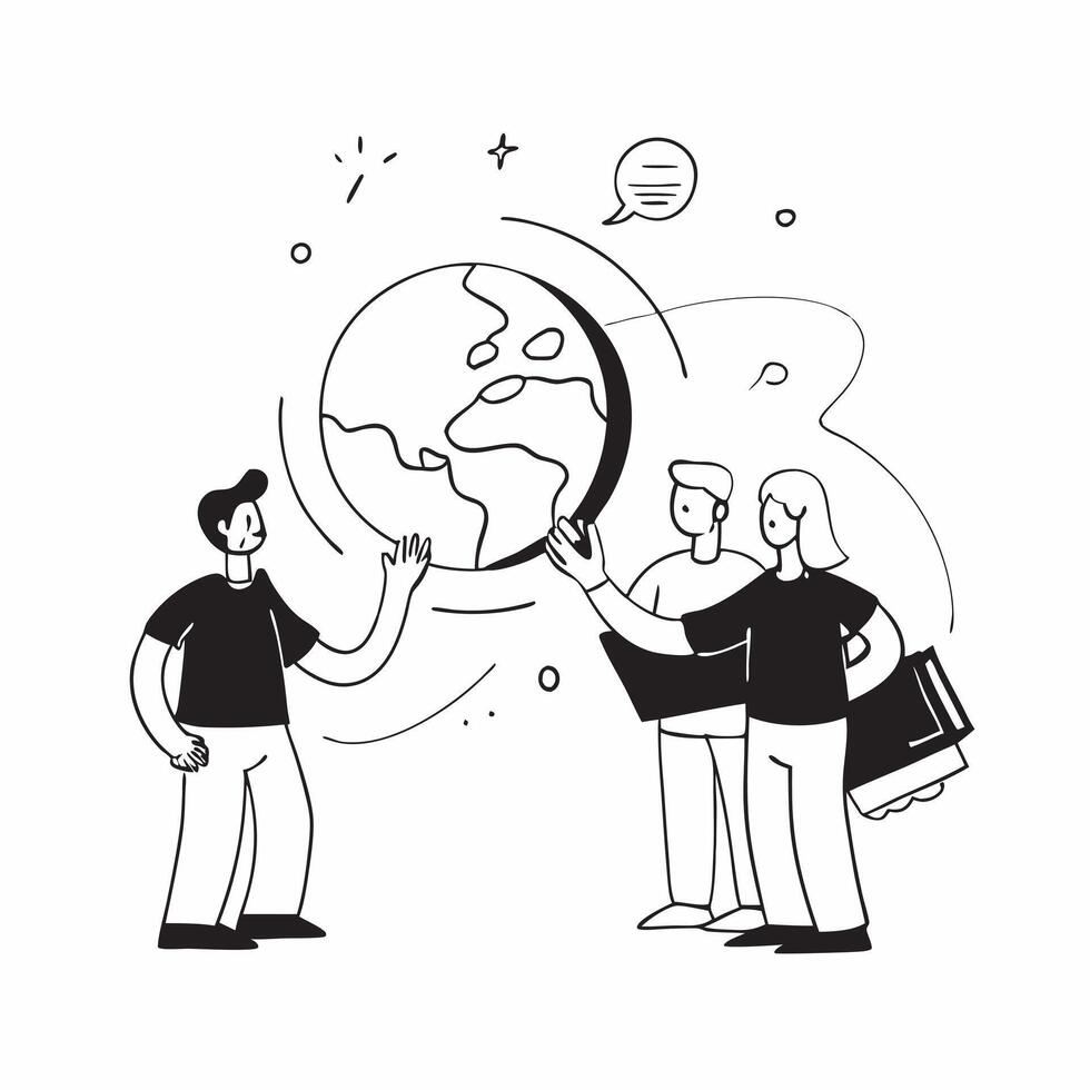 People with Watercolor Earth and Service Mind Projects concept as A group of people developing service mind projects with a watercolor earth model set against a dreamy background o Cleans Set 2 vector