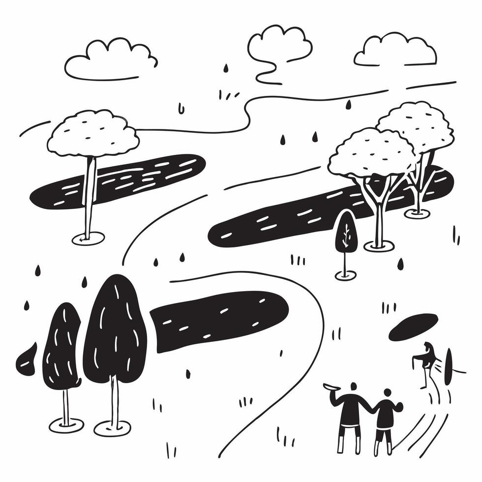 People with Umbrellas and Parks concept as Travelers holding umbrellas walking through parks during a rain shower set against a dreamy background offering ample space for text or g Cleans vector