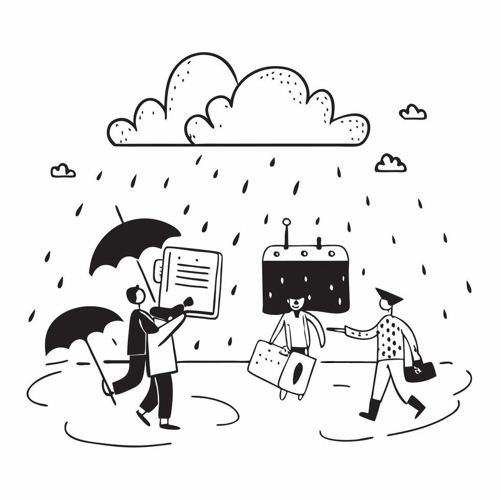 People with Umbrellas and Suitcases concept as Travelers holding umbrellas and suitcases during a rain shower set against a whimsical background offering ample space for text or gr Cleans vector