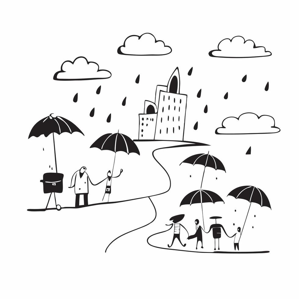 People with Umbrellas and Rainy Cityscape concept as A group of people with colorful umbrellas walking through a rainy cityscape set against a whimsical background offering ample s Cleans vector
