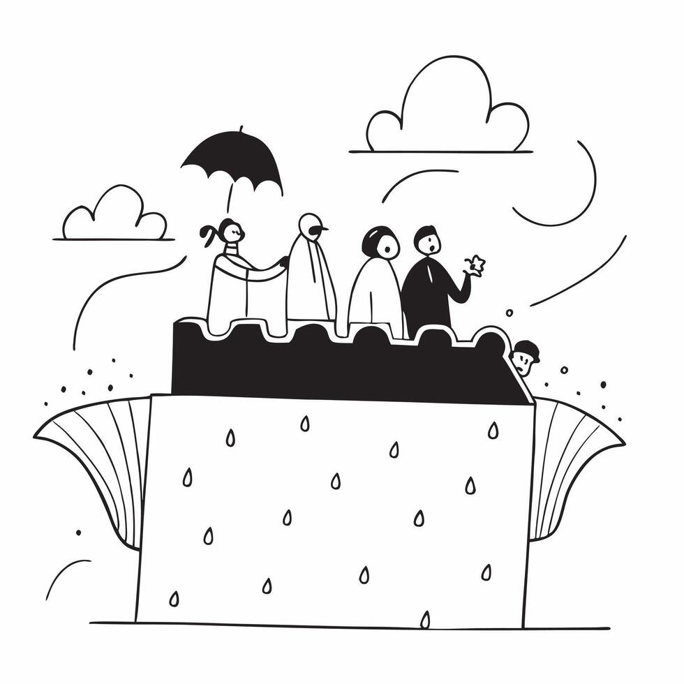 People with Umbrellas and Rooftop Views concept as A group of people with umbrellas enjoying rooftop views during a rain shower set against a whimsical background offering ample sp Cleans vector