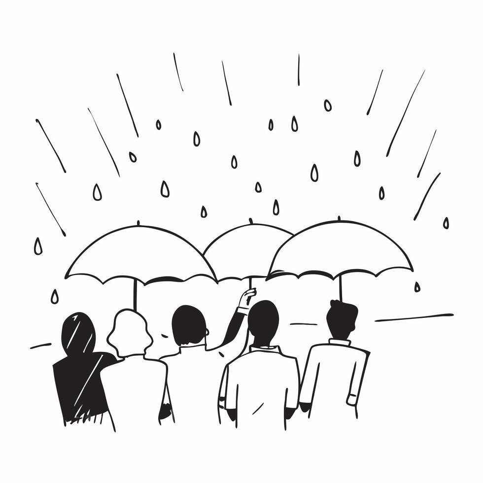 People with Umbrellas and Street Artists concept as A group of people with umbrellas observing street artists during a rain shower set against a dreamy background offering ample sp Cleans vector