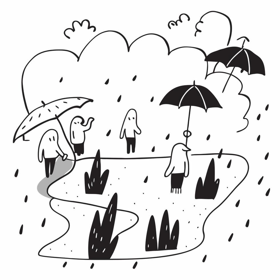 People with Umbrellas and Garden Walks concept as A group of people with umbrellas walking through gardens during a rain shower set against a whimsical background offering ample sp Cleans vector