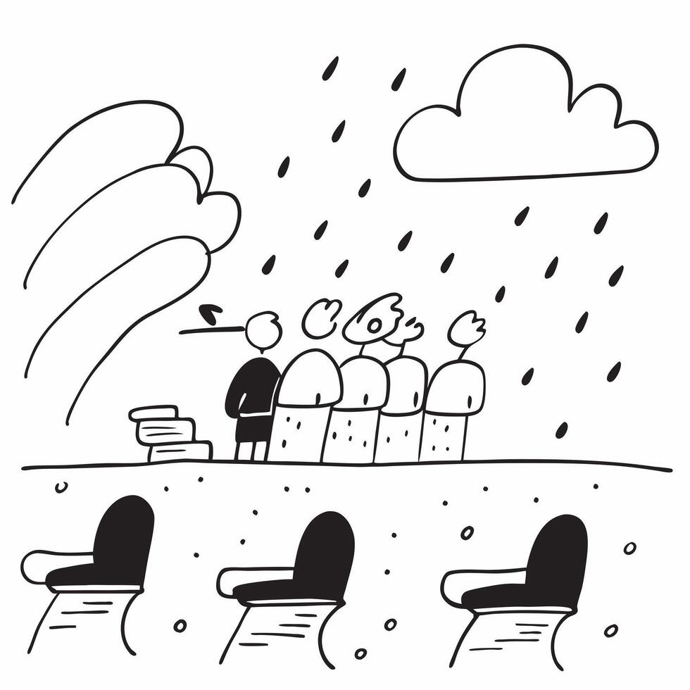 People with Umbrellas and Park Benches concept as A group of people sitting on park benches with umbrellas during a rain shower set against a whimsical background offering ample sp Cleans vector