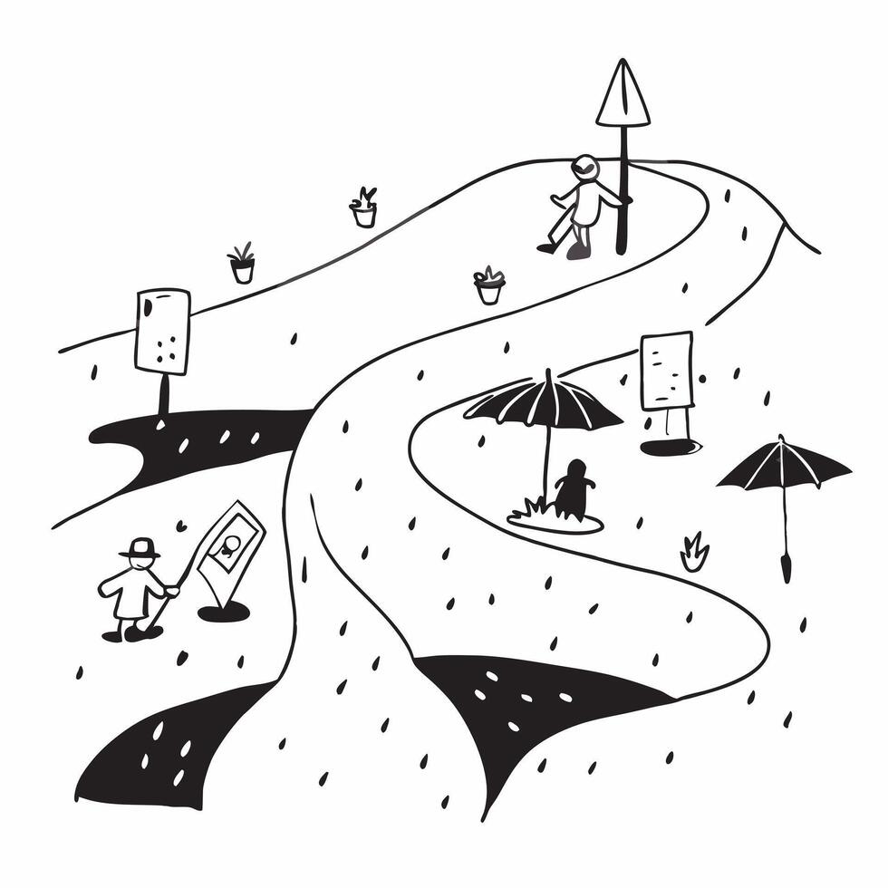 People with Umbrellas and Nature Trails concept as Travelers holding umbrellas walking on nature trails during a rain shower set against a whimsical background offering ample space Cleans vector