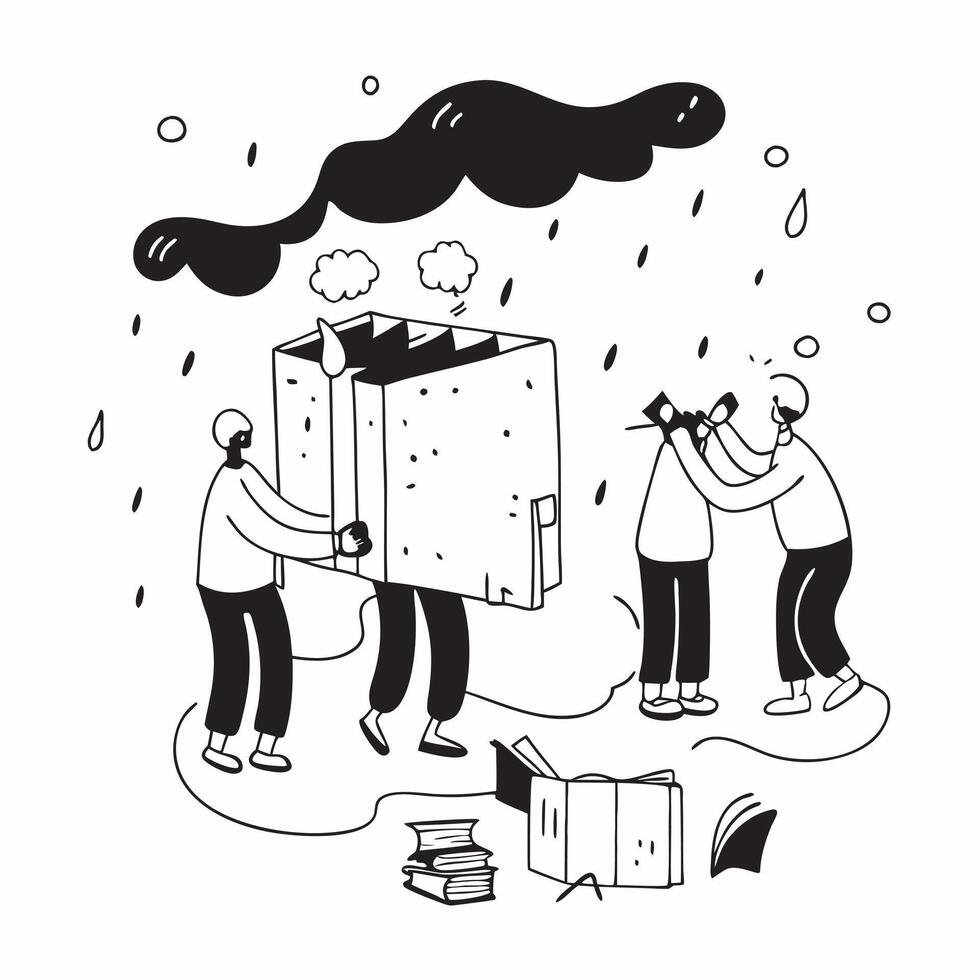 People with Umbrellas and Business Cards concept as Business professionals holding umbrellas and exchanging business cards during a rain shower set against a dreamy background offe Cleans vector