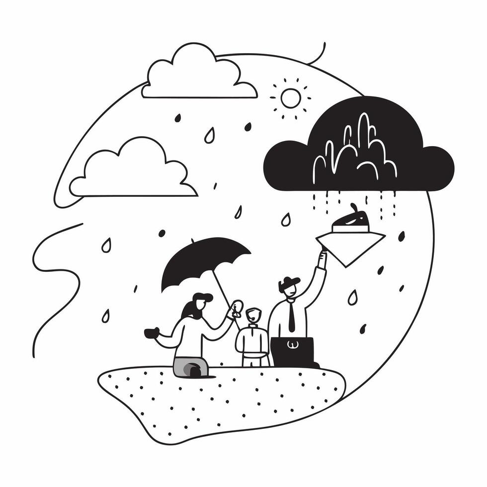 People with Umbrellas and Garden Picnics concept as Travelers holding umbrellas having garden picnics during a rain shower set against a dreamy background offering ample space for Cleans vector