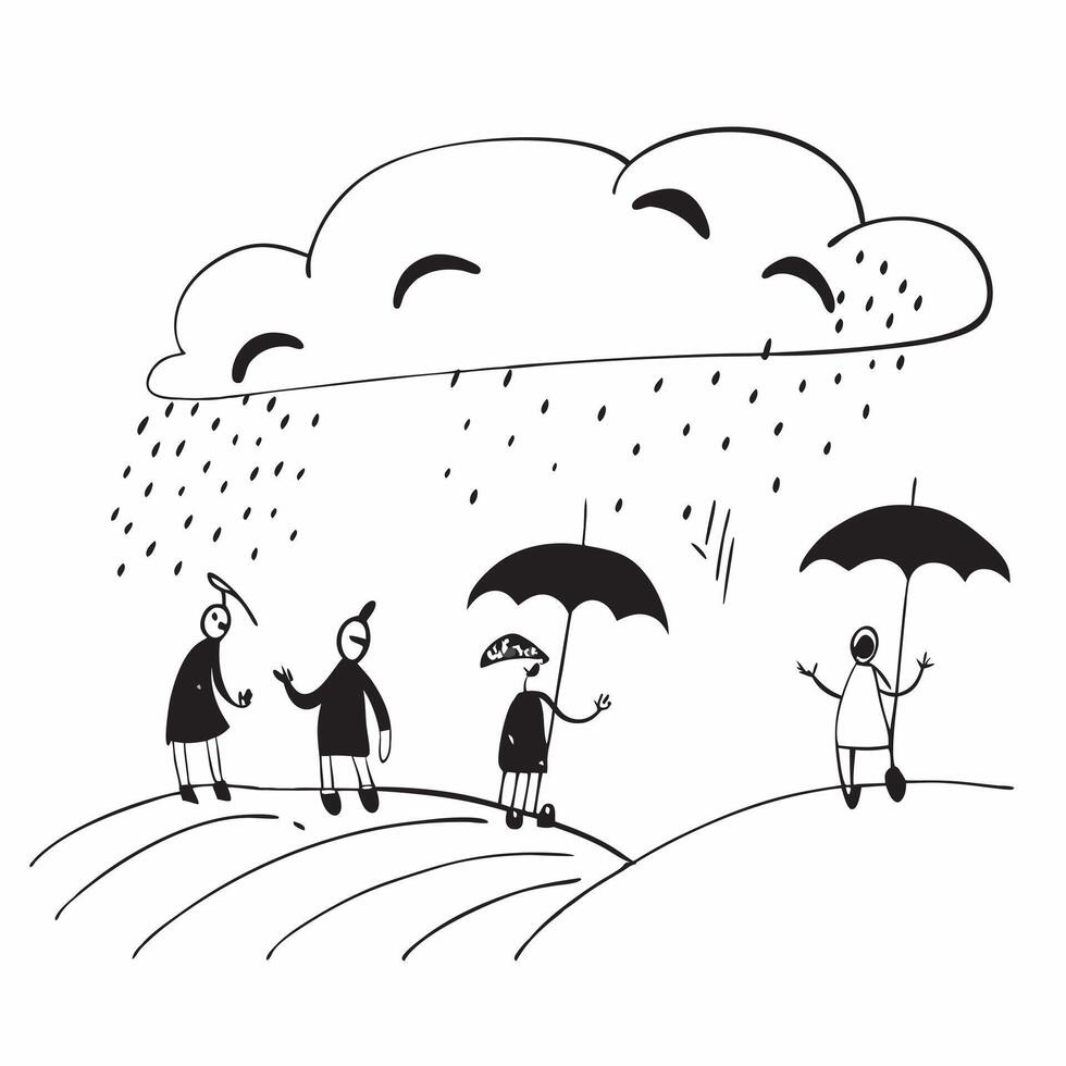 People with Umbrellas and Evening Walks concept as A group of people with umbrellas taking evening walks during a rain shower set against a dreamy background offering ample space f Cleans vector