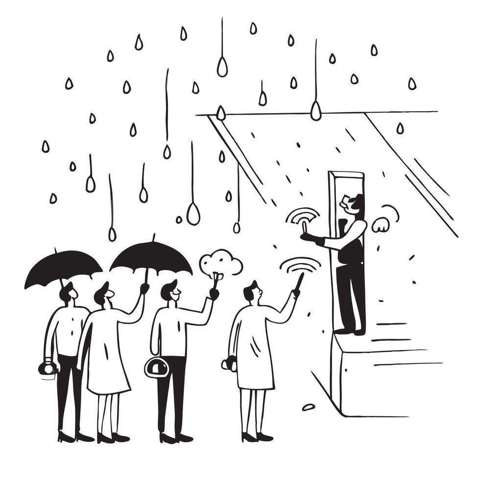 People with Umbrellas and Business Cafes concept as Business professionals holding umbrellas entering business cafes during a rain shower set against a dreamy background offering a Cleans vector