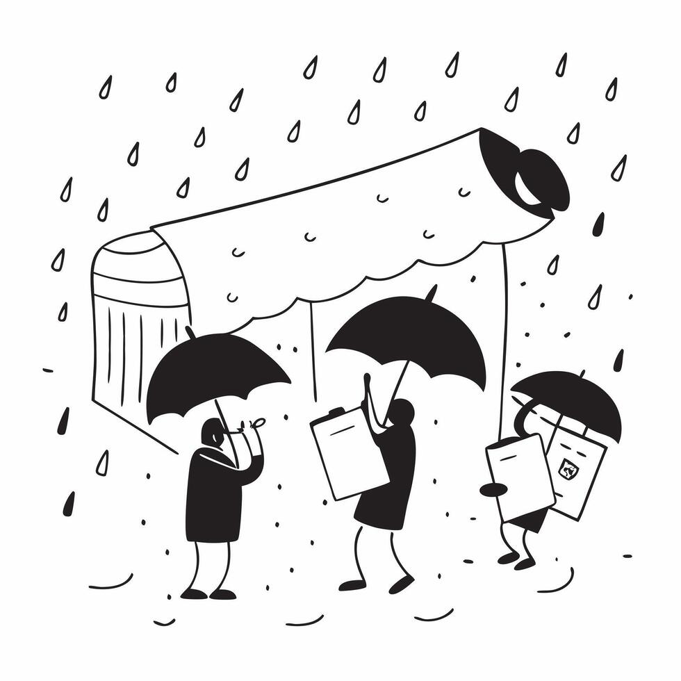 People with Umbrellas and Bookstores concept as A group of people with umbrellas entering bookstores during a rain shower set against a whimsical background offering ample space fo Cleans vector