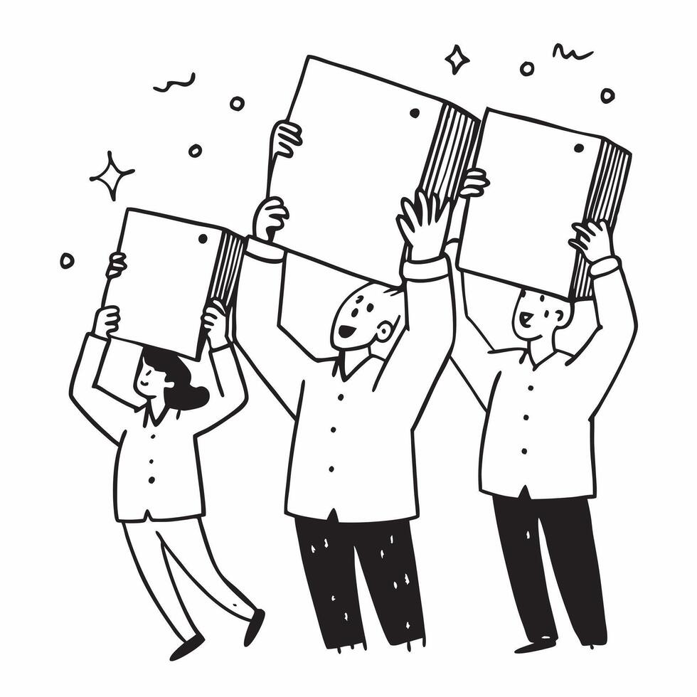People with Sparkling Review Boards and Happy Expressions concept as A group of people holding sparkling review boards with happy expressions set against a fantastical background o Cleans vector