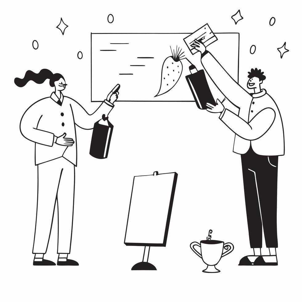 People with Trophies and Whiteboards concept as Business professionals holding trophies and writing on whiteboards set against a whimsical background offering ample space for text Cleans vector