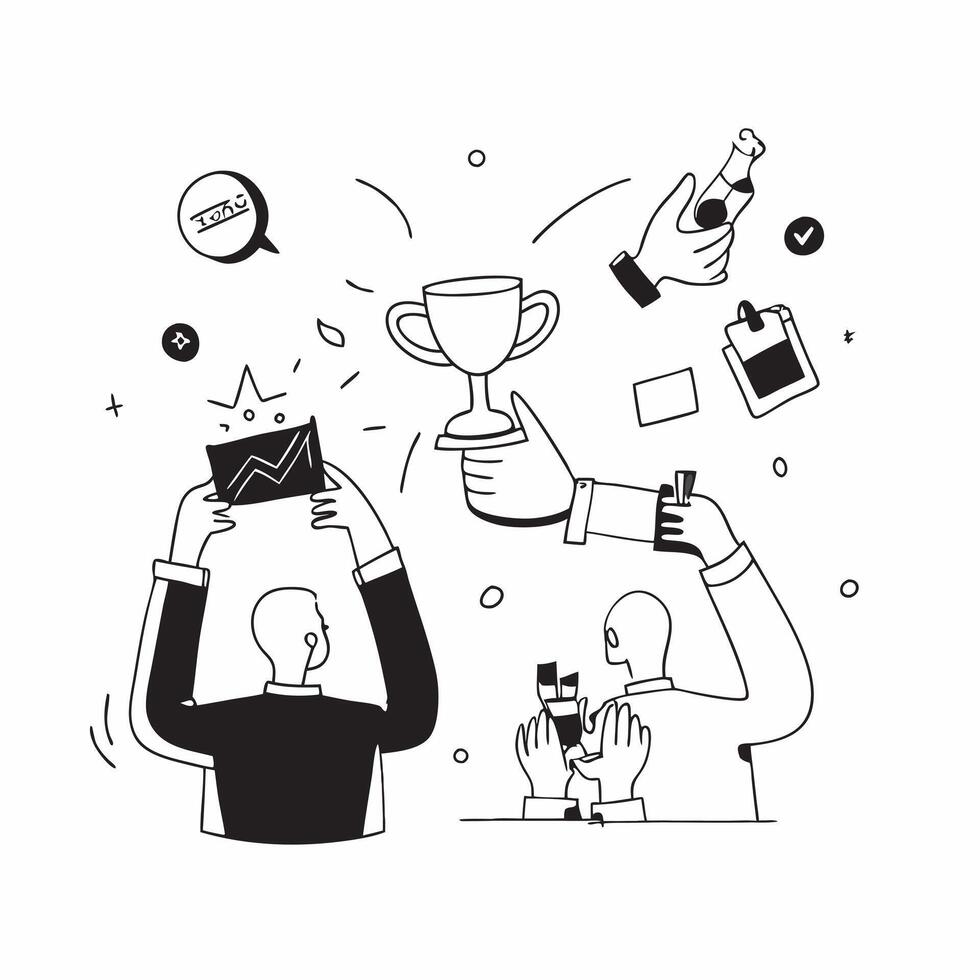 People with Trophies and Smartphones concept as Business professionals holding trophies and using smartphones set against a dreamy background offering ample space for text or graph Cleans vector