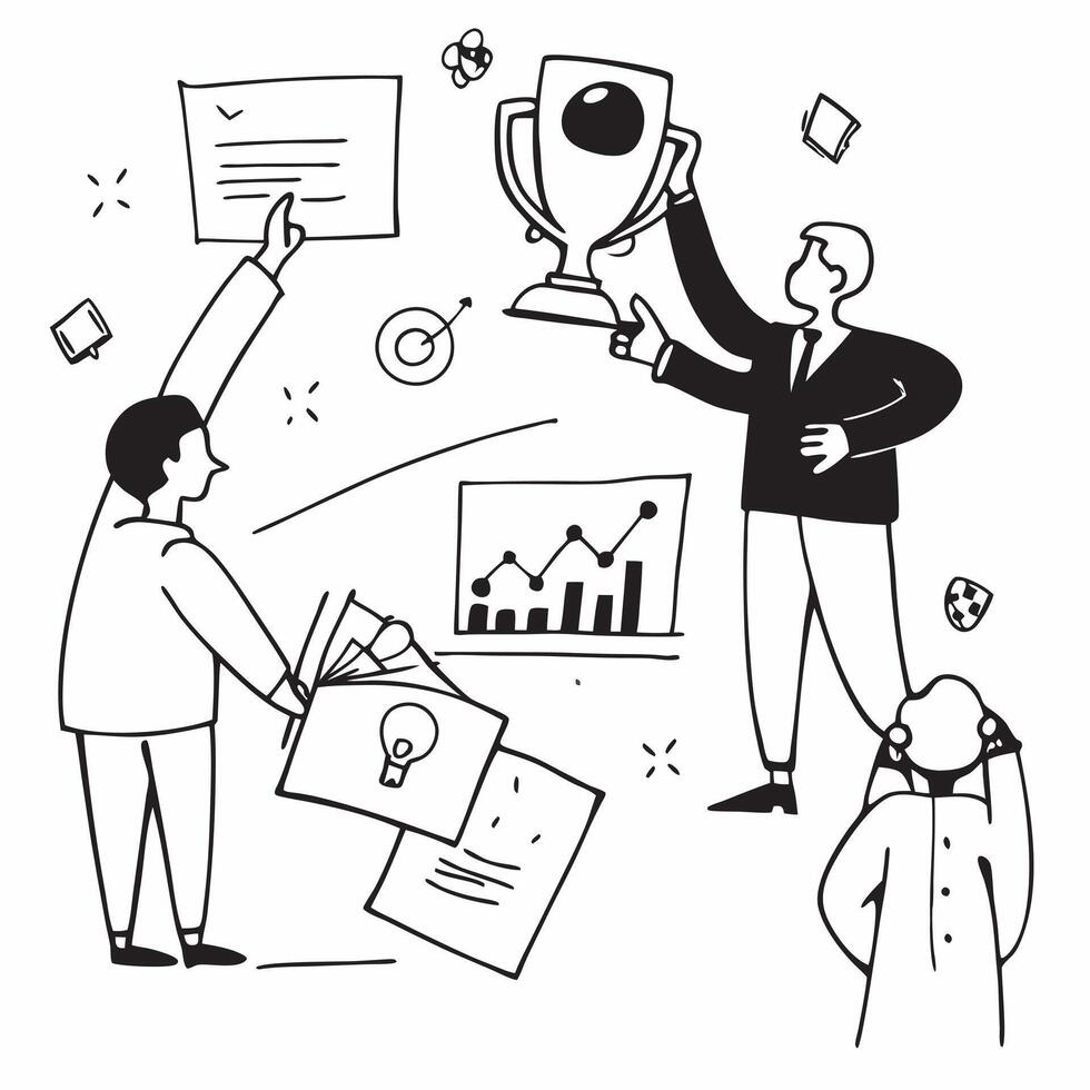 People with Trophies and Graphs concept as Business professionals holding trophies and analyzing graphs set against a whimsical background offering ample space for text or graphics Cleans vector