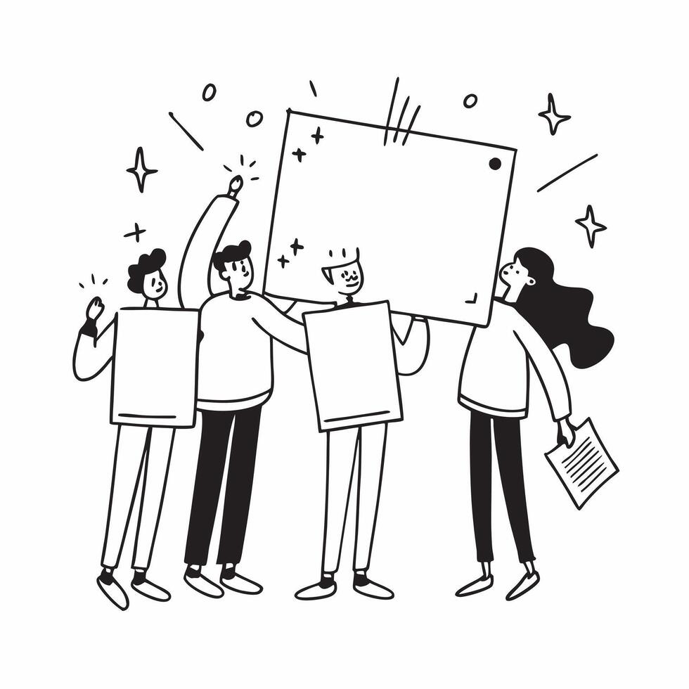 People with Sparkling Presentation Boards and Joyful Expressions concept as A group of people using sparkling presentation boards with joyful expressions set against a whimsical ba Cleans vector