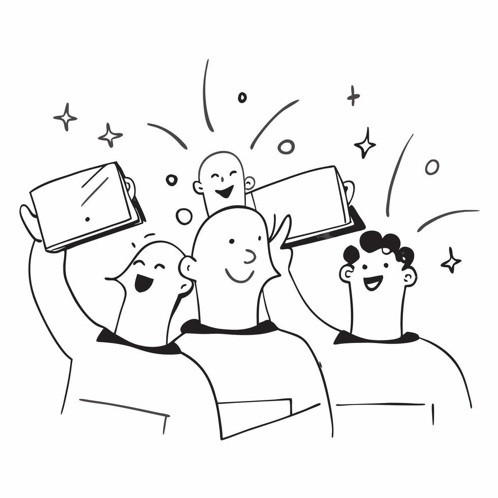 People with Sparkling Laptops and Beaming Faces concept as A group of people using sparkling laptops with beaming faces set against a whimsical background offering ample space for Cleans vector