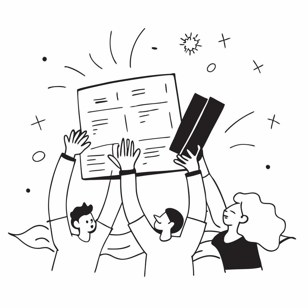 People with Sparkling Financial Statements and Joyful Faces concept as A group of people with sparkling financial statements and joyful faces set against a dreamy background offeri Cleans vector