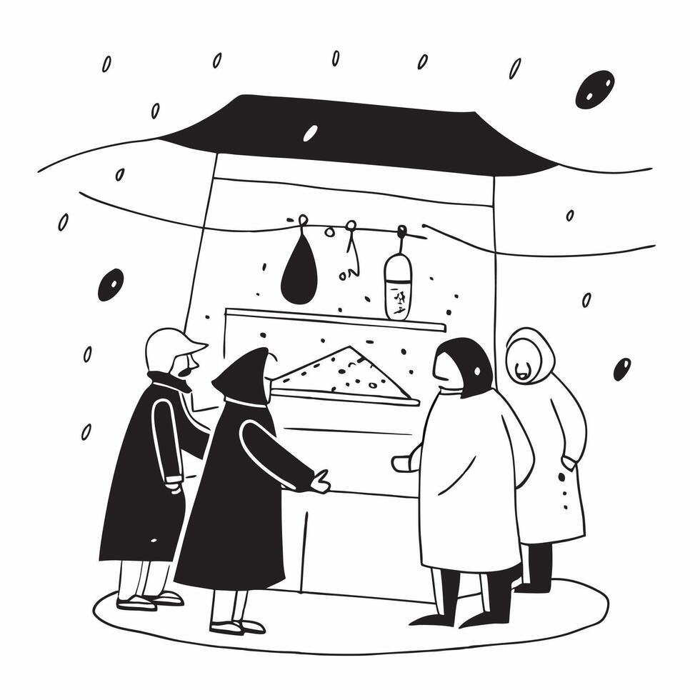 People with Raincoats and Street Markets concept as A group of people in raincoats exploring street markets during a rain shower set against a dreamy background offering ample spac Cleans vector