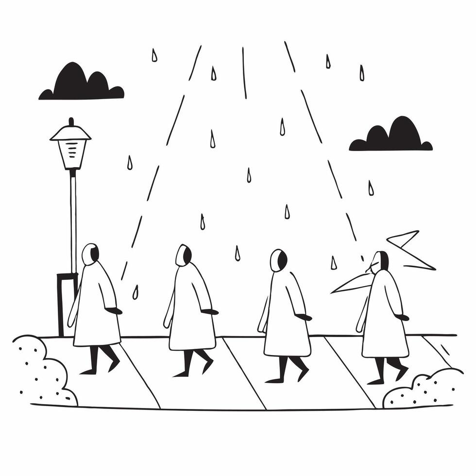People with Raincoats and Street Lights concept as A group of people in raincoats walking under street lights during a rain shower set against a whimsical background offering ample Cleans vector