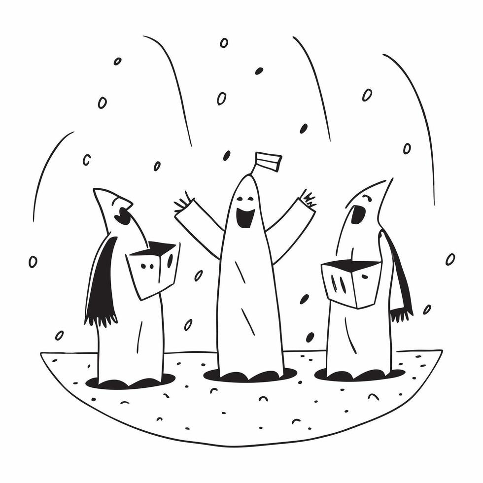People with Raincoats and Street Performances concept as A group of people in raincoats enjoying street performances during a rain shower set against a whimsical background offerin Cleans vector