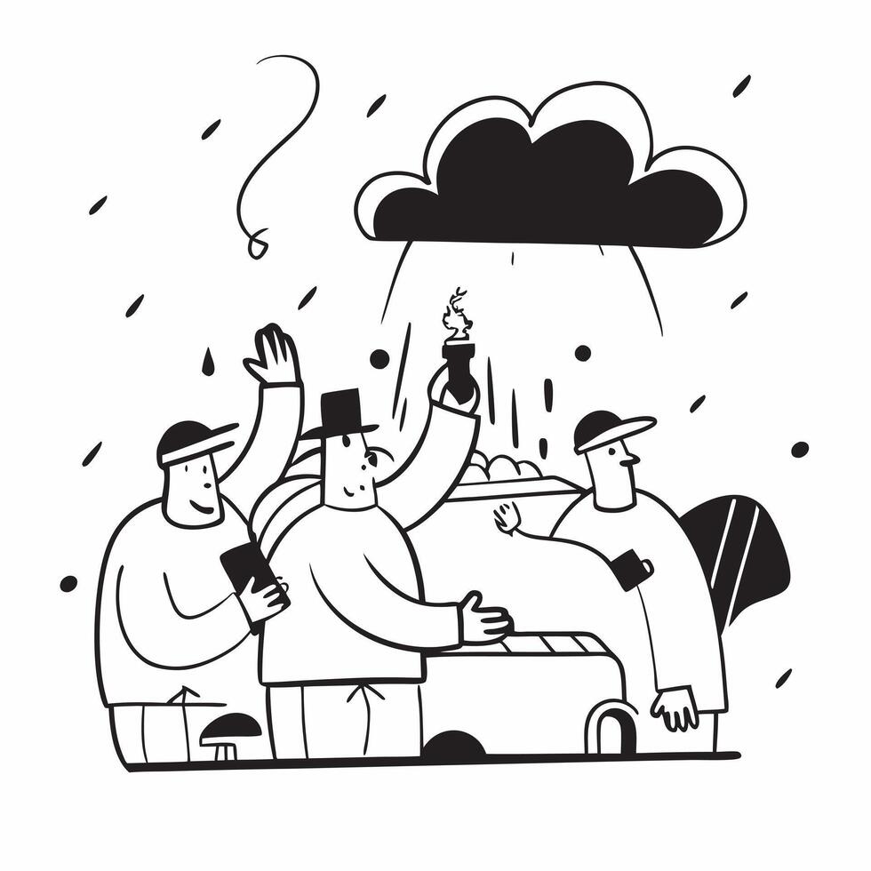 People with Raincoats and Street Food Stalls concept as A group of people in raincoats enjoying street food during a rain shower set against a whimsical background offering ample s Cleans vector