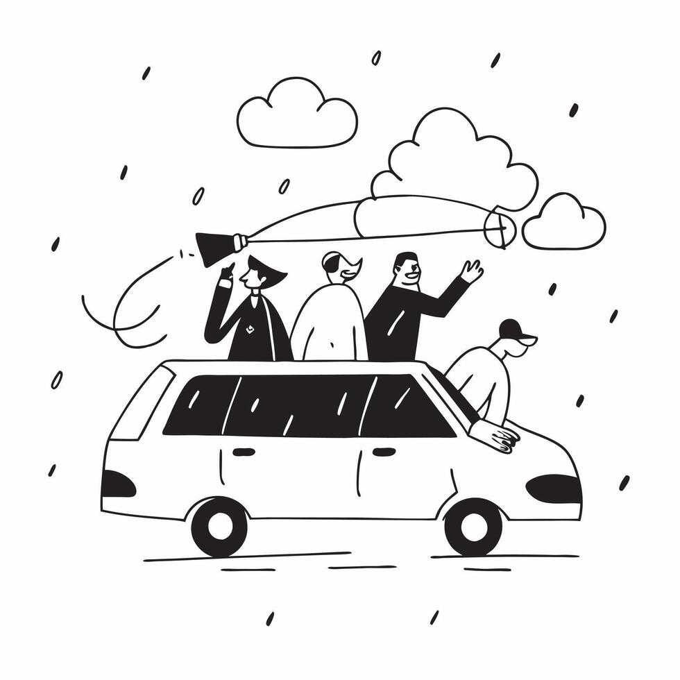 People with Raincoats and Taxi Rides concept as Business professionals in raincoats taking taxi rides during a rain shower set against a whimsical background offering ample space f Cleans vector