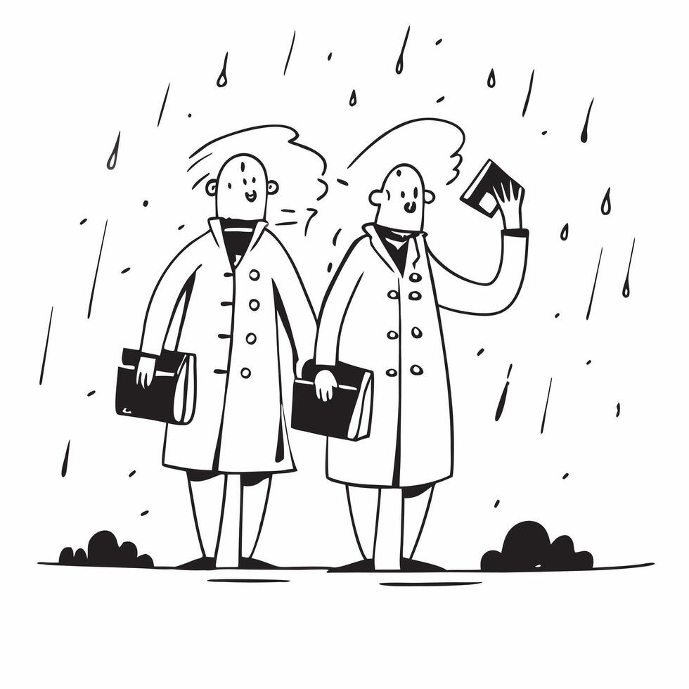 People with Raincoats and Notebooks concept as Business professionals in raincoats carrying notebooks during a rain shower set against a whimsical background offering ample space f Cleans vector