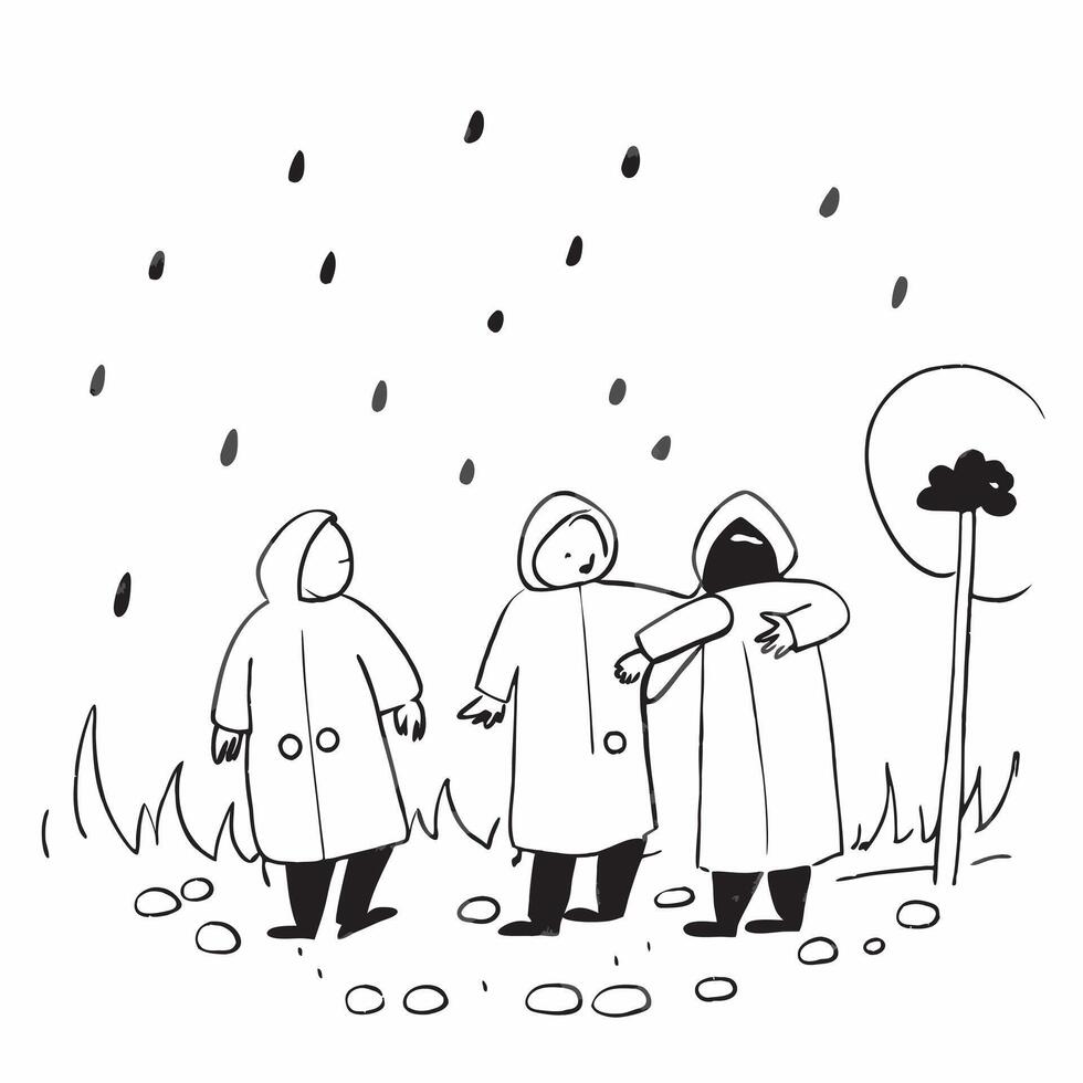 People with Raincoats and Public Parks concept as A group of people in raincoats walking through public parks during a rain shower set against a whimsical background offering ample Cleans vector