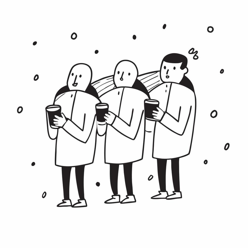 People with Rain Jackets and Coffee Cups concept as A group of people in rain jackets holding coffee cups set against a dreamy background offering ample space for text or graphics Cleans vector