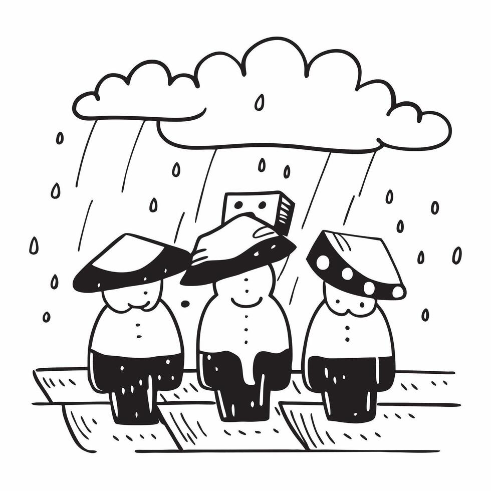 People with Rain Hats and Outdoor Cafes concept as A group of people wearing rain hats sitting in outdoor cafes during a rain shower set against a whimsical background offering amp Cleans vector