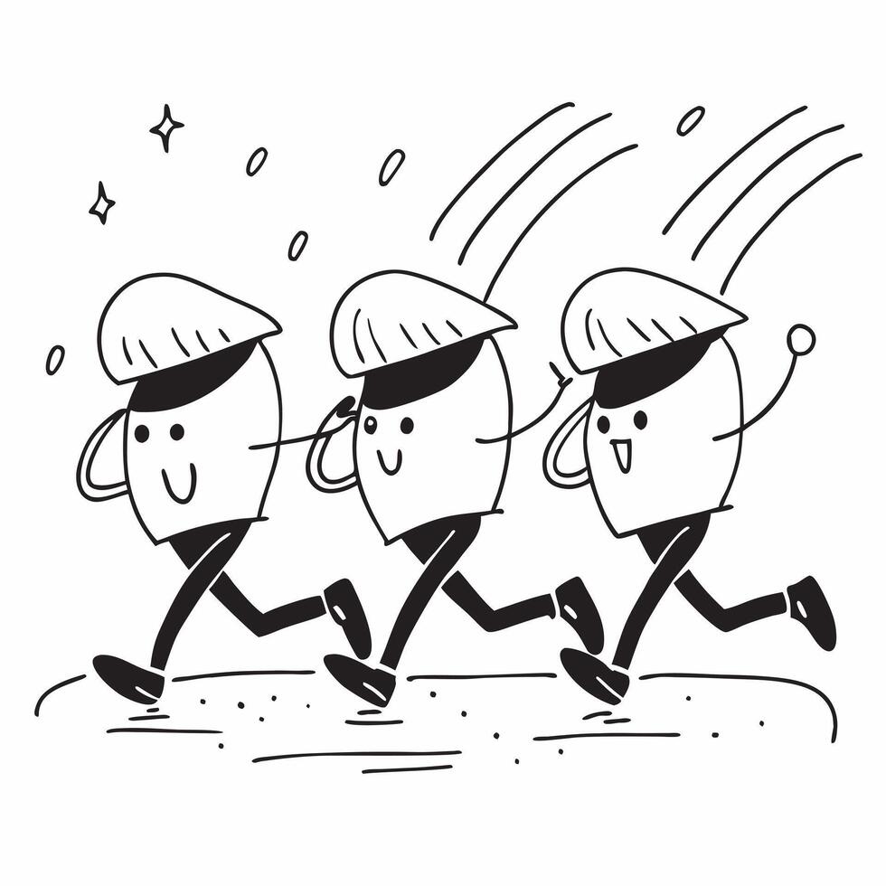 People with Rain Hats and Morning Runs concept as A group of people wearing rain hats going for morning runs during a rain shower set against a whimsical background offering ample Cleans vector