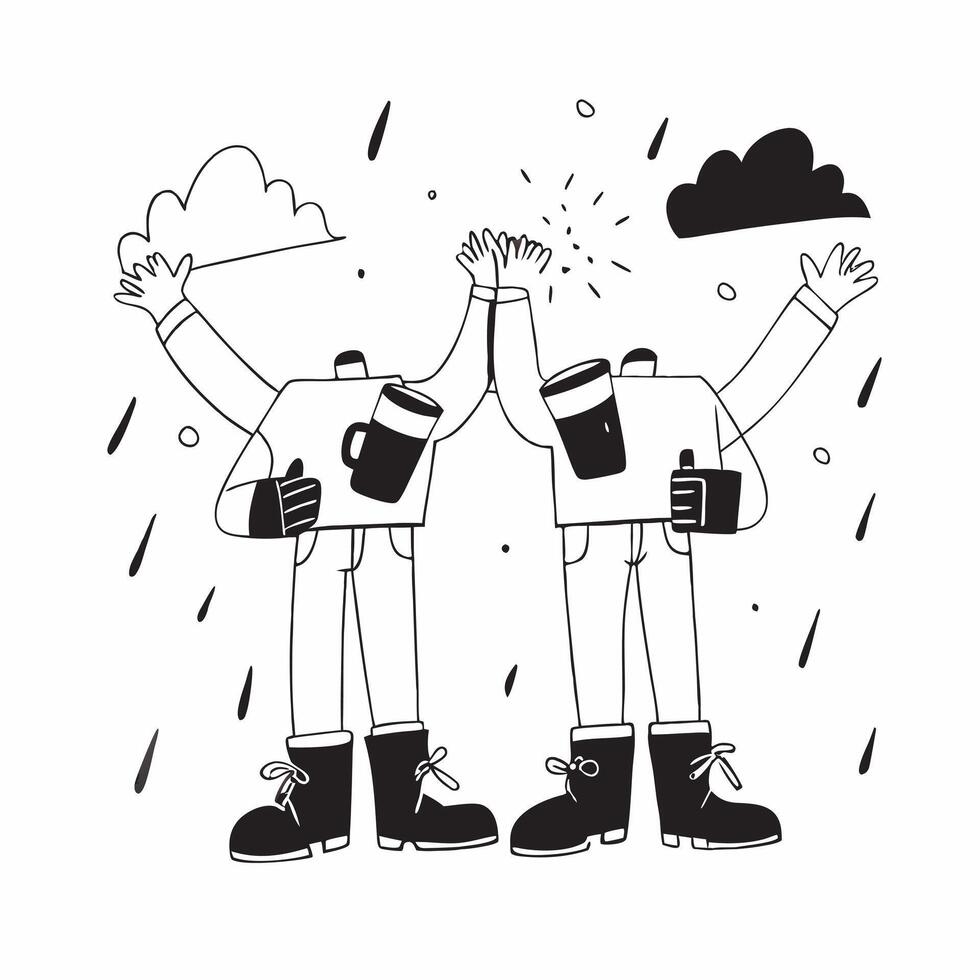 People with Rain Boots and Outdoor Cafes concept as Travelers in rain boots sitting in outdoor cafes during a rain shower set against a dreamy background offering ample space for t Cleans vector
