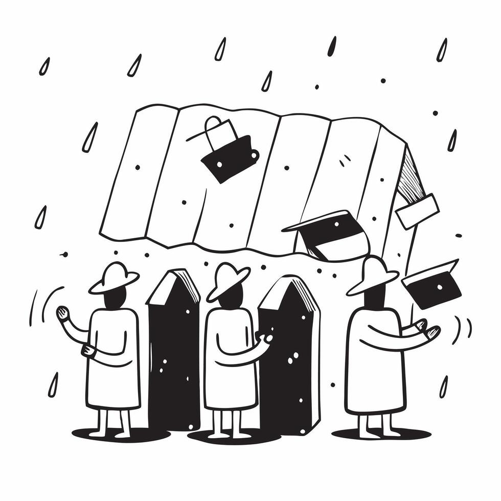 People with Rain Hats and Bookstores concept as A group of people wearing rain hats entering bookstores during a rain shower set against a whimsical background offering ample space Cleans vector