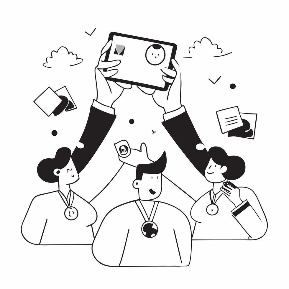 People with Medals and Tablets concept as Business professionals wearing medals and using tablets set against a dreamy background offering ample space for text or graphics symboliz Cleans vector