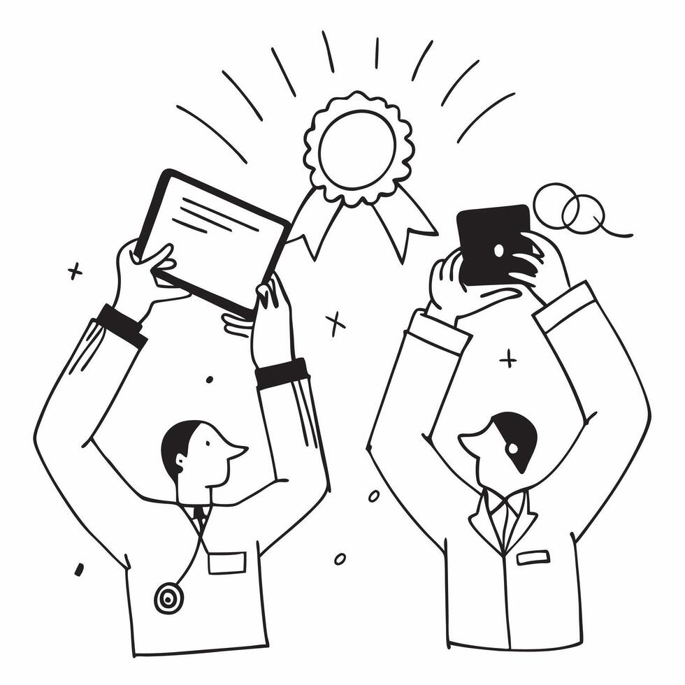 People with Medals and Tablets concept as Business professionals wearing medals and using tablets set against a dreamy background offering ample space for text or graphics symboliz Cleans Set 2 vector