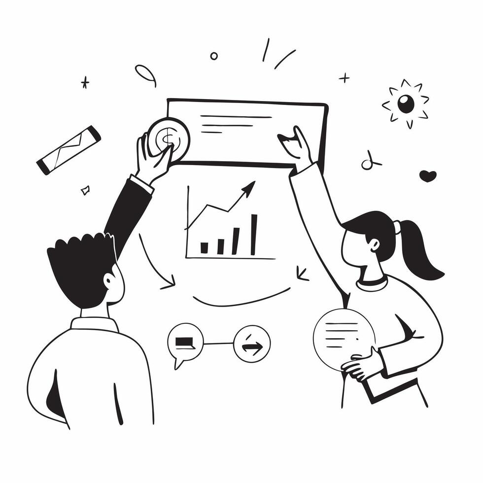 People with Medals and Graphs concept as Business professionals wearing medals and analyzing graphs set against a whimsical background offering ample space for text or graphics sym Cleans vector