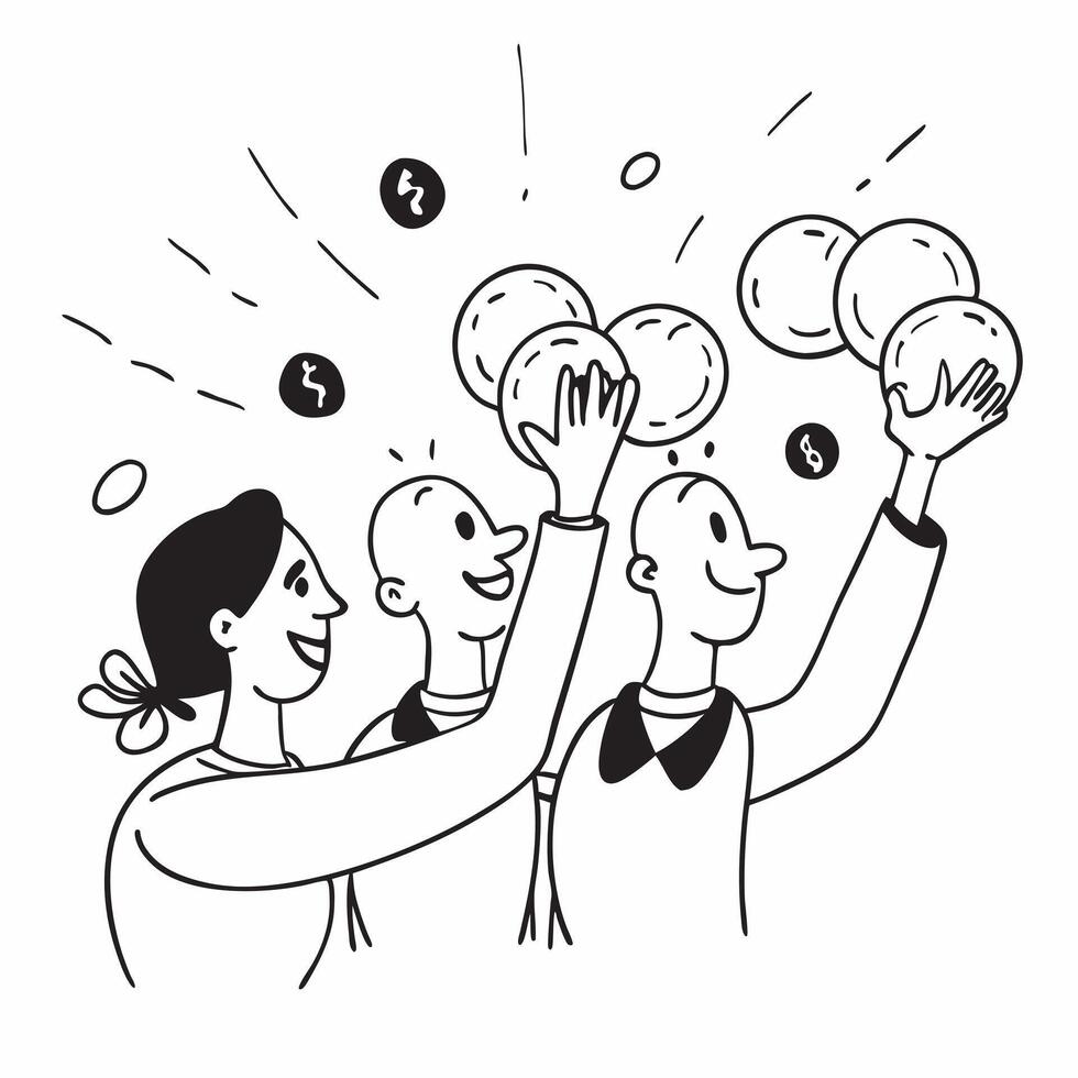 People with Magic Coins and Beaming Faces concept as A group of people holding magic coins with beaming faces set against a fantastical background offering ample space for text or Cleans vector