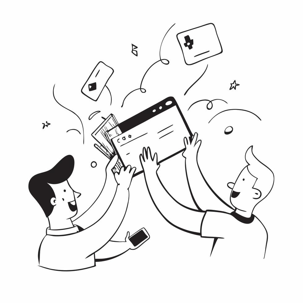 People with Magic Financial Apps and Happy Faces concept as A group of people using magic financial apps with happy faces set against a fantastical background offering ample space Cleans vector