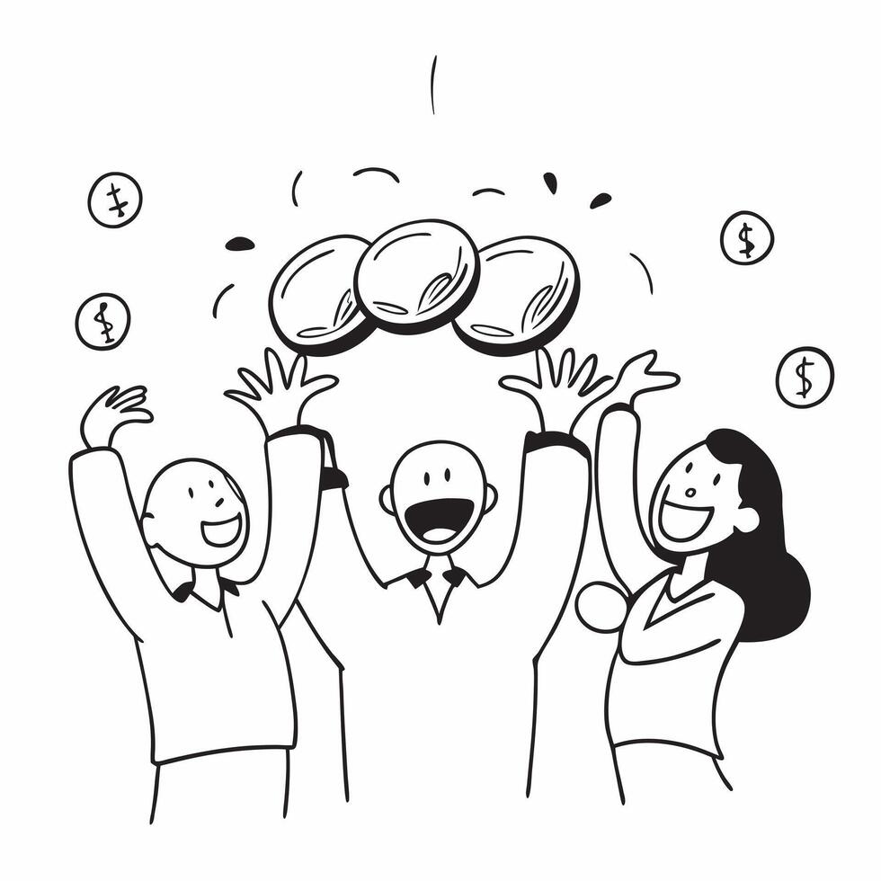 People with Golden Coins and Smiling Faces concept as A group of people holding golden coins with smiling faces set against a whimsical background offering ample space for text or Cleans vector