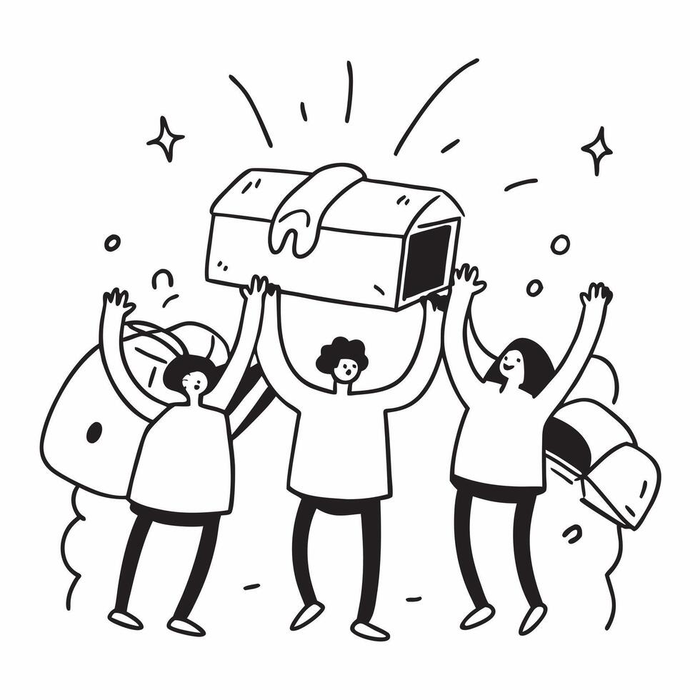 People with Glowing Treasure Chests and Joyful Expressions concept as A group of people with glowing treasure chests and joyful expressions set against a fantastical background off Cleans vector