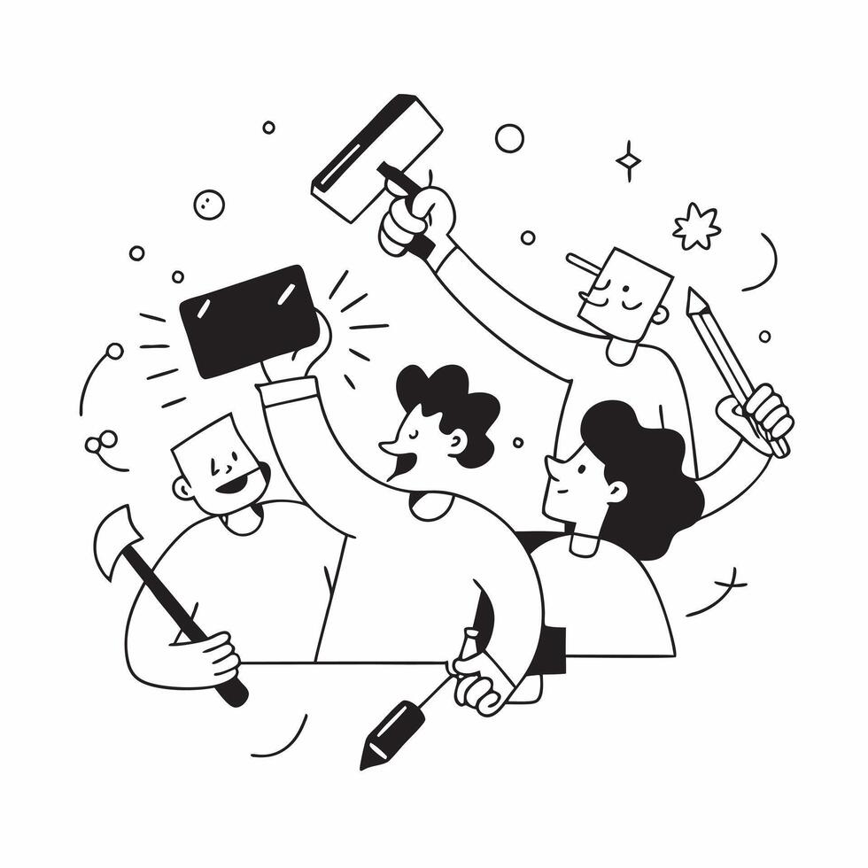 People with Glowing Work Tools and Joyful Expressions concept as A group of people using glowing work tools with joyful expressions set against a fantastical background offering am Cleans vector