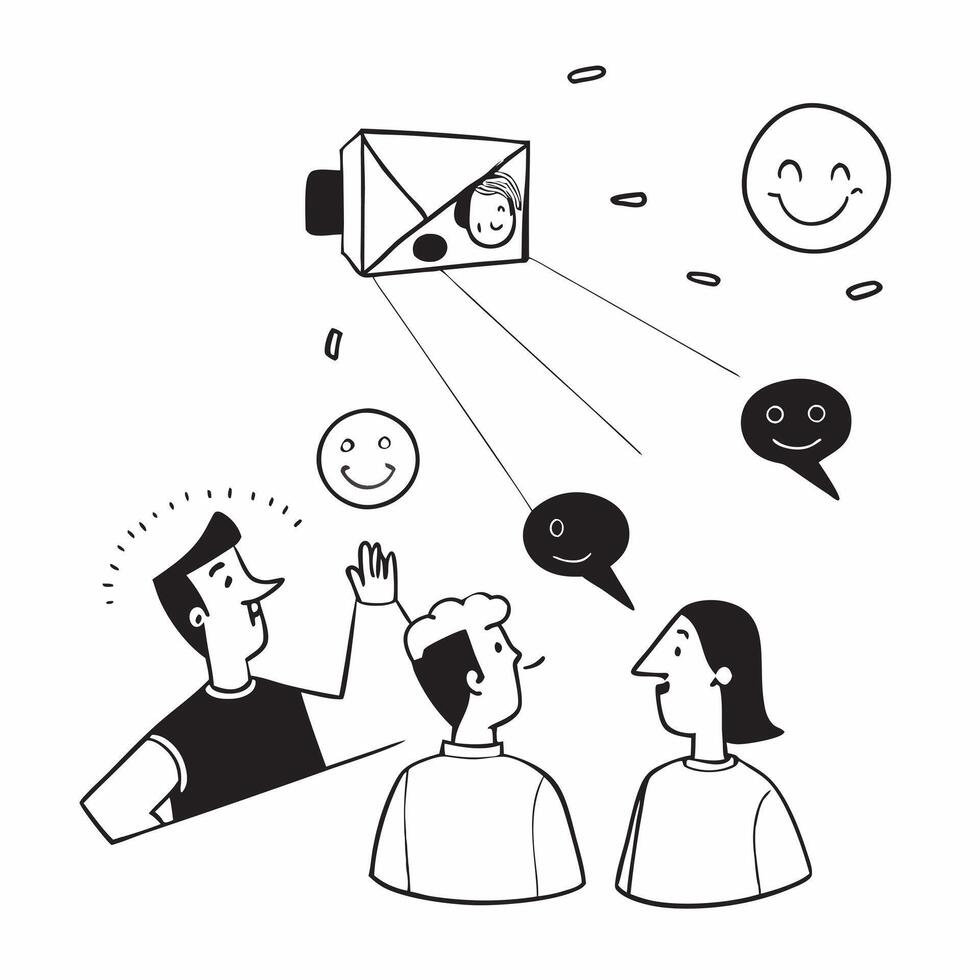 People with Glowing Projectors and Smiling Faces concept as A group of people using glowing projectors with smiling faces set against a fantastical background offering ample space Cleans vector