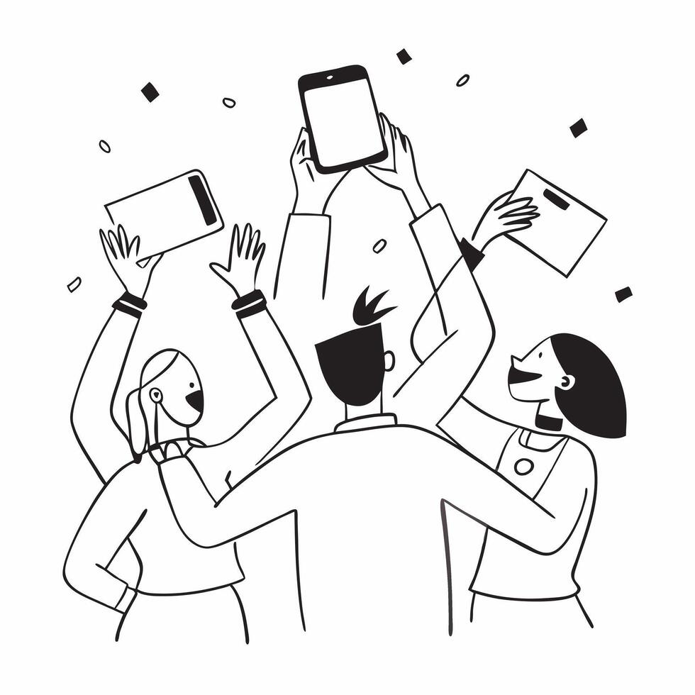 People with Glowing Tablets and Joyful Expressions concept as A group of people using glowing tablets with joyful expressions set against a fantastical background offering ample sp Cleans vector