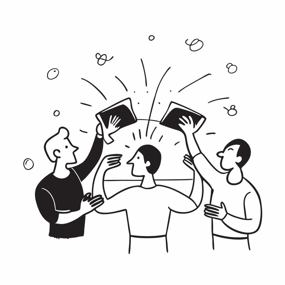 People with Glowing Meeting Tools and Beaming Faces concept as A group of people using glowing meeting tools with beaming faces set against a whimsical background offering ample sp Cleans vector