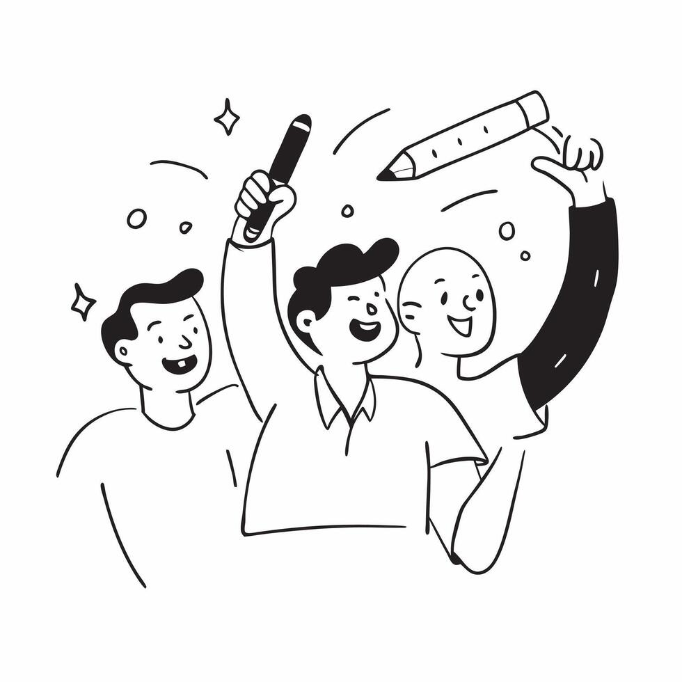 People with Glowing Pens and Joyful Faces concept as A group of people using glowing pens with joyful faces set against a dreamy background offering ample space for text or graphic Cleans vector