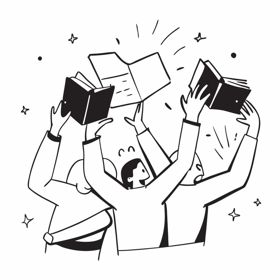 People with Glowing Notebooks and Joyful Expressions concept as A group of people holding glowing notebooks with joyful expressions set against a dreamy background offering ample s Cleans vector